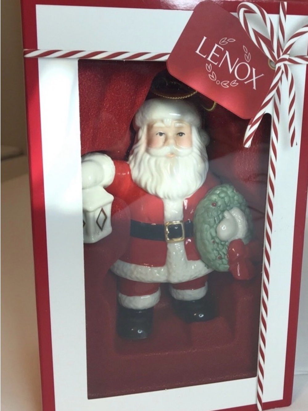 NIB Lenox Red and White Santa Figurine Ornament with Green Wreath